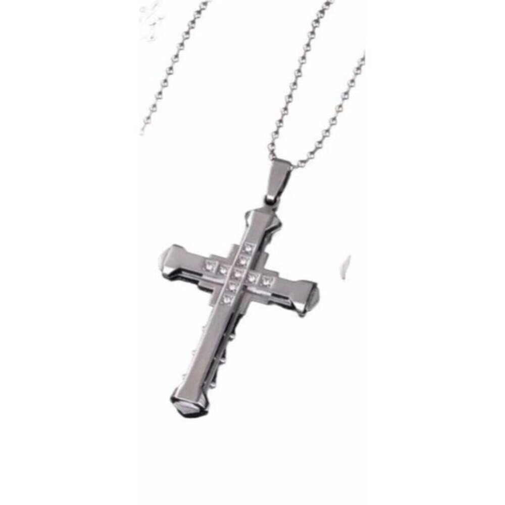 Crystal Cross Pendant Necklace Stainless Steel Silver Zirconia‎ Jewelry Chain